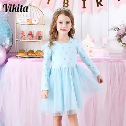 Vikita الاطفال فساتين طويلة الأكمام للفتيات حزب اللباس ستار مطبوعة عيد ميلاد توتو الأطفال عارضة ارتداء الأميرة vestidos 211231