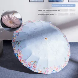 16K windproof three-folding flower women umbrella fashion wooden handle color coating UV sunny and rainy