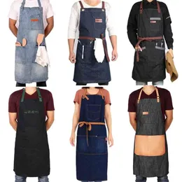 WEEYI Kitchen Restaurant Work Denim Apron Cowboy Chef Cooking For Woman Men Cafe Shop BBQ Hairdresser delantal 210629