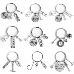 Sport Trinket Keychain Fitness Gym Dumbbell KeyRings Charms Pendant Keyhållare Bodybuilding Barbell Keyfob Ryggsäck Nyckelkedjor