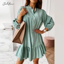 ドレス秋の春のファッションソリッドカラーカジュアルな特大のフリルのルーチングボタンアップルーズドレス女性のための新しい服フォール210415