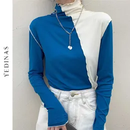 Yedinas Spring Color Block Patchwork T-shirt Kobiety Turtleneck Z Długim Rękawem Tshirt Casual Harajuku Streetwear Slim Teees Topy 210527