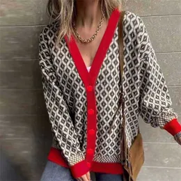 Kvinnor Tröja Stickad Houndstooth Cardigan V-Neck Jumper Loos Casual Lady Top Kvinna Kläder Lattice Single-breasted Knappar 211007