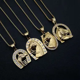 Cubic Zircon Horse Head Pendants Halsband för kvinnor / män Guldfärg Rostfritt Stål Hästsko Iced Out Bling Hip Hop Smycken