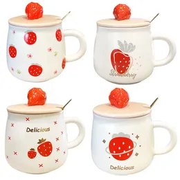 Cute Strawberry Ceramic Coffee Mug With Lid And Spoon Novelty Funny Fruits Travel Cup For Tea/Milk/Water Men Wonmen Mugs