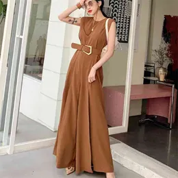 Summer Office Ladies Jumpsuits Bussines Sleeveless O Neck Sashes Overalls Formal Work Wide -Leg Rompers Jumpsuit With Belt 210514