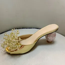 Women Genuine 2021 Ladies Real Leather High Heels Summer Sandals Bead 3D Flower Flip-flops Slipper Slip-on Wedding Dress Gladiator Shoes Diamond Ballots Size 4576