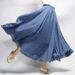 Women's Summer Ladies Casual Elastic Waist 2 Layers Skirts feminina Elegant High Waist Linen Maxi Skir 210426