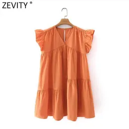 Zevidade Mulheres Sweet Butterfly Manga Sólida Patchwork Plates Ruffles Mini Vestido Feminino Chic V Neck Party Mini Vestido DS5056 210603