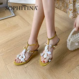Sophitina Summer女性の靴本革薄いかかと美しい真珠の丸いつま先のつま先の青い甘いスタイルの花のシェルサンダルfo261 210513