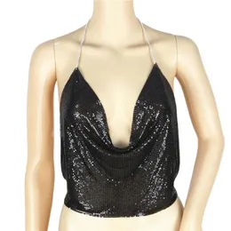 Free Ostrich Sling Blouse Women Halter Drape V-neck Sequined Chain Vest Sexy Party Shining Metallic Open Back Tops Crop Top #S11 Women's Blo