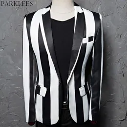 Black White Striped Blazer Jacket Men Brand One Button Slim Club Bar Party Suit Jacket Male Stage Rock and Roll Costumes 210522