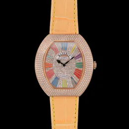 ローズゴールドオールダイヤモンドアイスアウトレディースウォッチローマ数字黄色レザーストラップ腕時計クォーツ女性の時計
