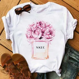 Damen-T-Shirt, Damen-Kleidung, Druck, Blumen-Parfümflasche, süßes Kurzarm-T-Shirt, bedrucktes Hemd, T-Shirt, weiblich, Top, lässig, Frau, T-Shirt x0527