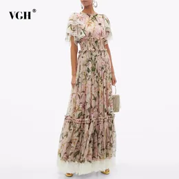 VGH Vintage Print Floral Dress For Women O Neck Short Sleeve High Waist Patchwork Lace Elegant Midi Dresses Female Fashion Style 210421