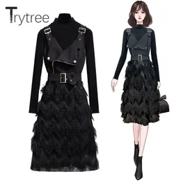 Trytree jesień zima dwa kawałek zestaw dorywczo dziewiarskie podstawowe top + sukienka sling PU patchwork Tassel Hem High Street 2 sztuka zestaw 211106