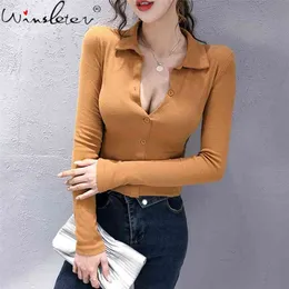 Sexy Low Cut T-shirt Women Slim Stretchy Turn-down Collor Plunging Buttons Solid Long Sleeve Short Tshirt Crop Tops Tees T07606B 210421