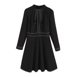PERHAPS U Black O Neck Full Long Sleeve Fit And Flare Solid Knee Length Bow Autumn Winter Dress Elegant D0829 210529