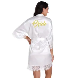 Kvinnors Back Gold Bride Cardigan Lace Nightgown Bridal Robes Deep V-Neck Soft and Smooth Satin Silk Bröllop Bröllop Nightdress Satin Badrock