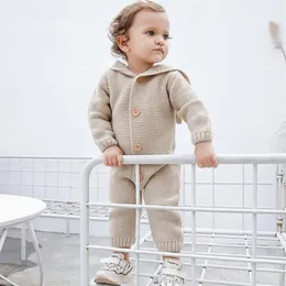 Stickad baby romer höst födda kläder med hooded spädbarn jumpsuit ytterkläder toddler pojkar tjejer onesie 211101