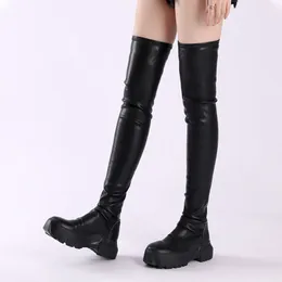 Women Over-the-Knee Boots 2021 Girls New Chunky Boots Woman Geunine Leather Elastic Flat Casual Leisure Fashion Lady Shoes Long