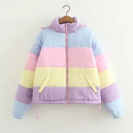 Winter Thicken Rainbow Contrast Women's Down Jacket Loose Padded Student Coat Women Warm College Parka Female 211013