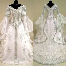 Renaissance Royal Wedding Dress Flare Long Sleeve Witch Celtic Tudor Victorian Gothic Holloween Lace-up Corset Bridal Gown Vintage Medieval Plus Size Bride Dresses