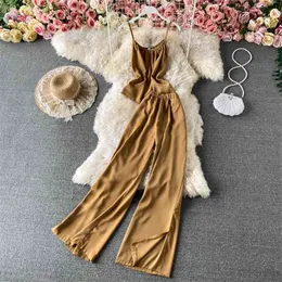 Summer Short Camisole Split High Waist Wide Leg Pants Women Drape All-match Elastic Casual Two-piece Suit GK438 210506