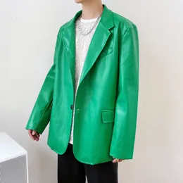 IEFB /men's clothing Korean style bright color PU pleater blazers male's fashionable big size green colar suit coat 9Y4037 210524