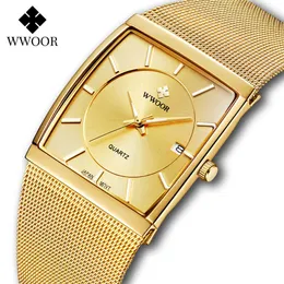 WWOOOR роскошные ультра тонкие квадратные мужские кварцевые часы для мужчин Золотая стальная сетка Водонепроницаемая автоматическая дата наручные часы Relogio Masculino 210527