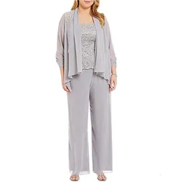 Elegancka Silver Szyfonowa Matka Spodnie Panny Młodej Garnitury Koronki Z Długim Rękawem Kurtka Boho Beach Plus Size Ślubny Suknie Ślubne Suknie Wieczór Prom Outfit 2022