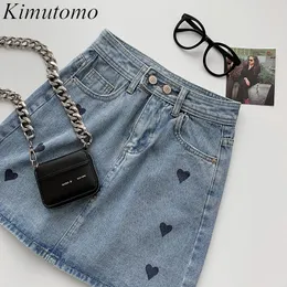 Kimutomo Herz Druck Denim Rock Frühling Sommer Koreanische Hohe Taille Elegante Sexy Mode Solide Taschen Mini Röcke Casual 210521