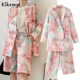Klkxmyt terno conjuntos curtos mulheres moda graffiti imprimir casacos de blazers de peito duplo e calças médias duas peças 210527