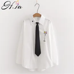Hsa chemise femme Women Blusa and White Shirts Long Sleeve Tie Up Cat Embroidery Cotton Blusas mujer de moda 210417