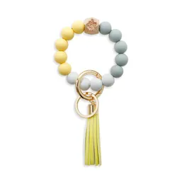 Keychains Solid Color Silicone Beads Bangle Pu Leather Fringe Wooden Wrist Bracelet Key Ring Jewelry Bag Pendant Gift