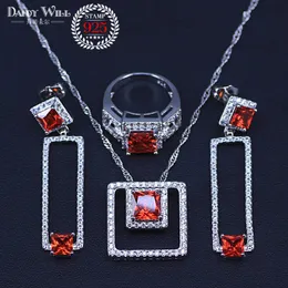 Свадебные серебряные серебряные украшения красные кубические серьги циркон для женщин свадебные украшения с кольцом кулон ожерелье набор H1022