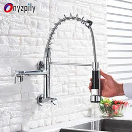Onyzpily Kitchen Faucet Pull Down Chrome Single Cold Water Wall Mounted Kitchen Taps 360 Rotation Dual Function Sprayer Taps 210724