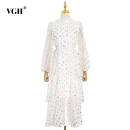 VGH Vestido Branco para Mulheres Stand Lanterna Sleeve Alta Cintura Lantejoulas Designer Hit Color Plus Size Mid Vestidos Feminino Roupas 210421