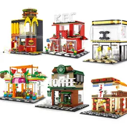 Blocchi Blocchi Mini Street Negozio al dettaglio in miniatura Fast Food Building Block Road Corner Modello 3D Cafe Leduo Brand City Creative Bricks J240307