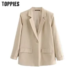 Wiosna Khaki Garnitur Kurtka Kobiety Loose Coat Office Notched Collar Single Button Veste Femme 210421