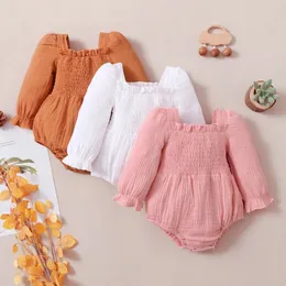 Cute Newborn Baby Girls Solid Romper Spring Toddler Square Collar Long Sleeve Cotton Linen Ruffled Cuffs Crotch Jumpsuit