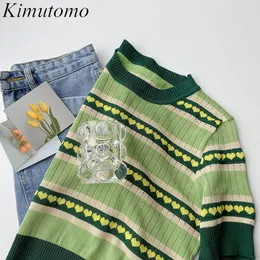 Kimutomo Chic T-shirt lavorata a maglia a maniche corte lavorata a maglia Donna T-shirt con colori a contrasto con pannelli geometrici O-Collo Semplice Top selvaggio Chic coreano 210521