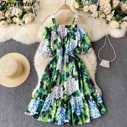 Est Floral Print Długość Kolana Suknia Wakacje Seksowna Off Ramię Rękaw Puff Elastyczny Talia A-Line Hortensja Green 210525