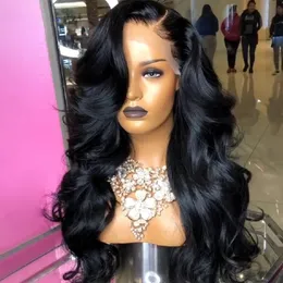 Free Part Jet Black Synthetic Lace Frontal Wigs With Natural Hairline 24 Inches Long Body Wave Lace Wig For Black Womenfactory direct