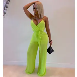 Sexy Neon Green Women Mesh Patchwork Solid Wide Leg Pants Jumpsuits Strap Long Playsuits Summer Fall Holiday Outfits 210517