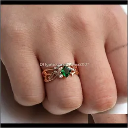 JewelryLuksury Kobiet Zielony Kryształ Kamienny Pierścień Cute Różowe Złoto Kolor Obrączki Dla Kobiet Delikatny Hollow Square Cyrkon Zaręczyny Drop