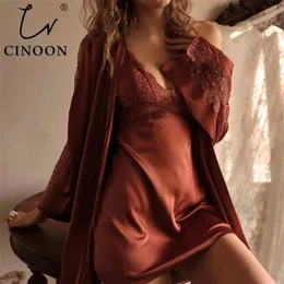 CINOON Sexy Female Sleepwear Silk Robe Set Summer Kimono Bathrobe Lace Bath Gown Wedding Night Dress Home Clothes Nightwear 210901