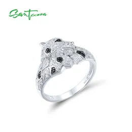 SANTUZZA Pure 925 Sterling Silver Ring per le donne Sparkling Black Spinels White CZ Leopard Rings Panther Wild Animal Fine Jewelry 211217