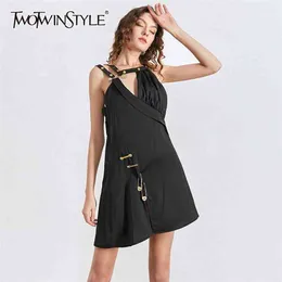 Асимметричное пэчворк Pin Party платье женщин спагетти ремешок с плеча высокие талии платья женская одежда 210520