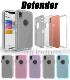 Transparent Heavy Duty Defender Fodraler Shock Absorption Crystal Clear 3 i 1 Case för iPhone 12 Mini 11 Pro XS Max XR 8 plus Samsung Not 9 S10 S20 LG Stylo 5 No Clip Opp Bag